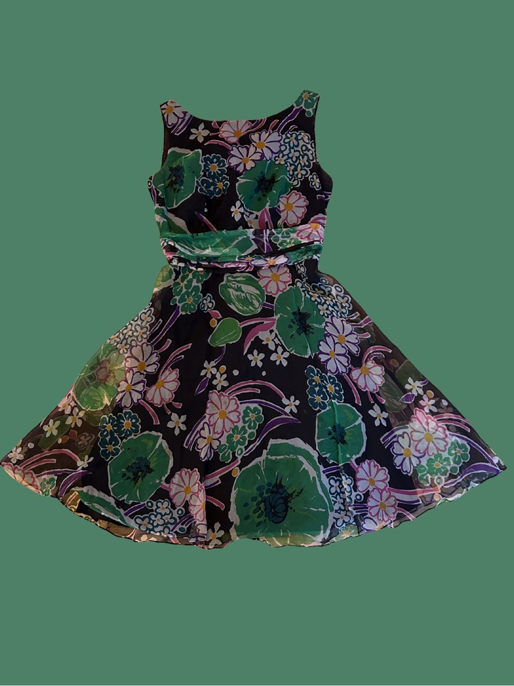 Vintage Black Dress with Green & Purple Floral Print